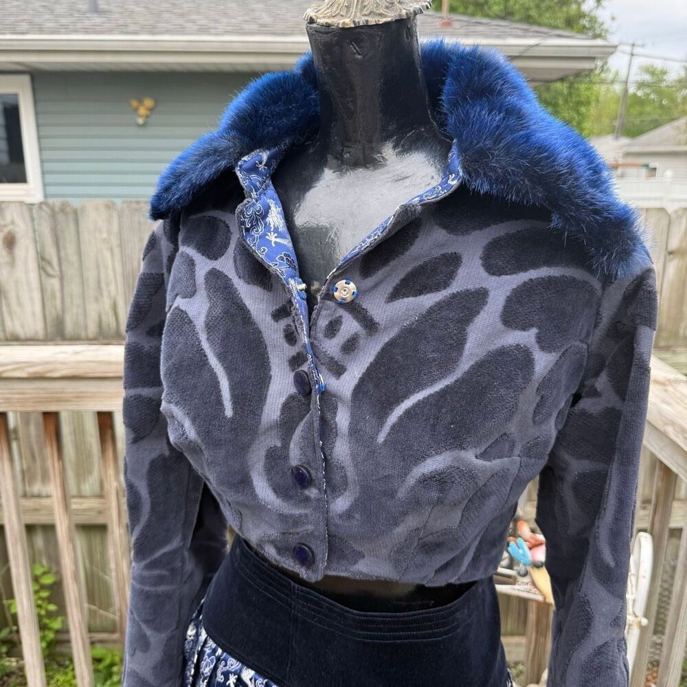 Handmade Blue Fur Trim Cropped Jacket & Dragon Mini Skirt Set Y2K Cyber Fairy Gr - Picture 2 of 11